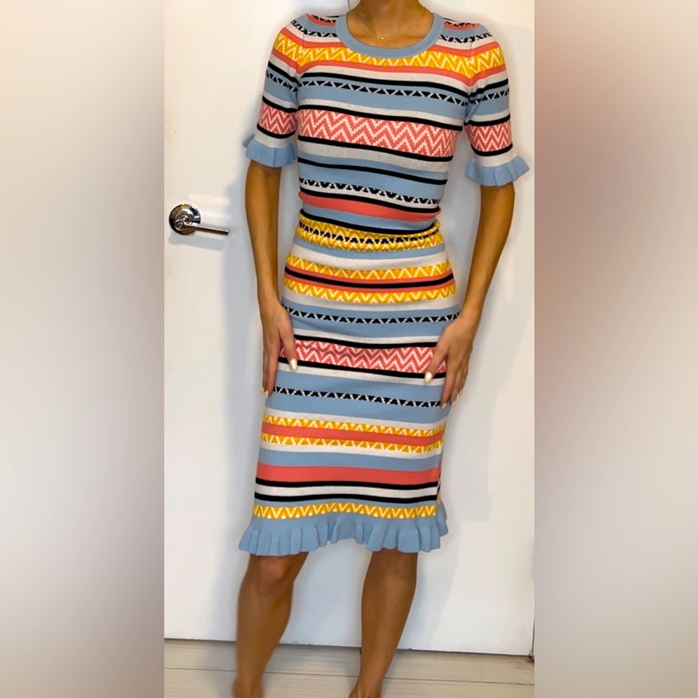 NWT Betsey Johnson midi knit striped multicolor dress ruffle trim